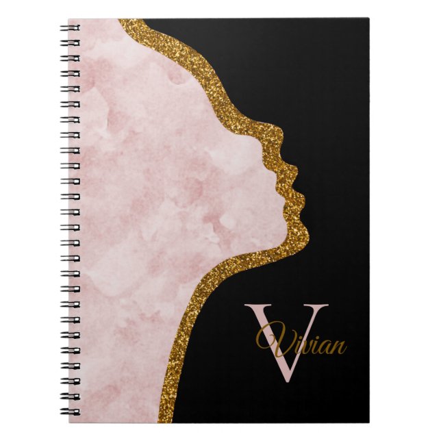 Caderno Espiral Pink Black And Gold Glitter Face Monogram Name (Frente)