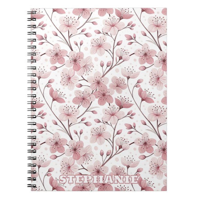 Caderno Espiral Pink Cherry Blossom Sakura Pattern on White (2) (Frente)
