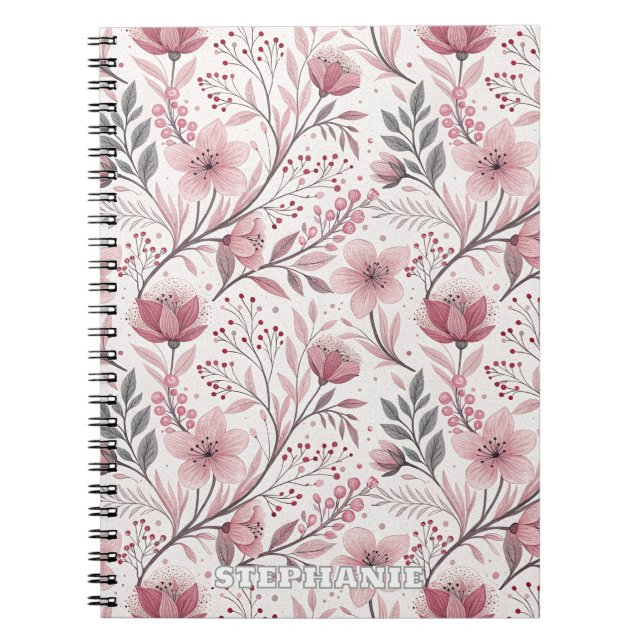 Caderno Espiral Pink Cherry Blossom Sakura Pattern on White (3) (Frente)