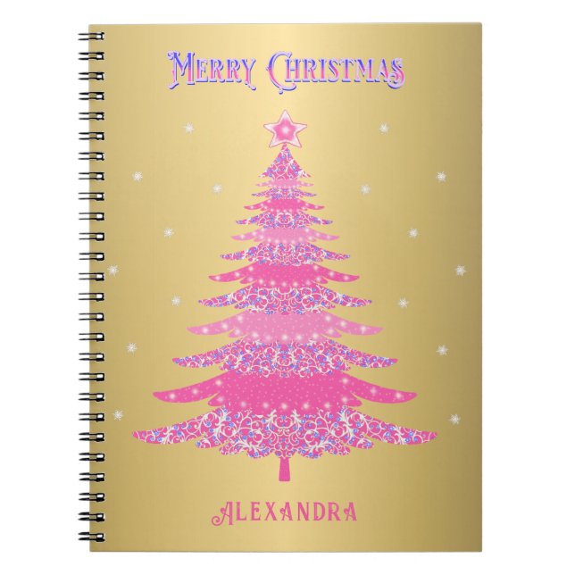 Caderno Espiral Pink Christmas Tree Name Custom Gold Foil (Nome de (Frente)