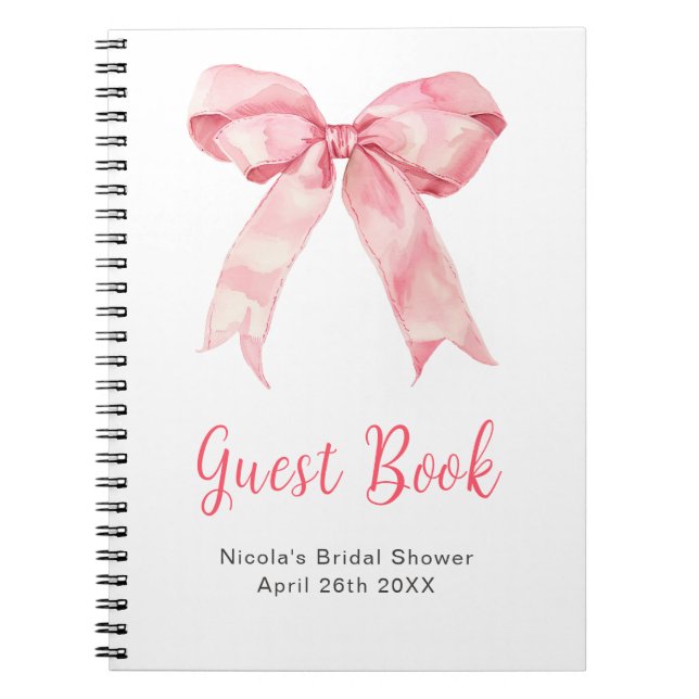 Caderno Espiral Pink Coquette Bow Bridal Shower Guest Book (Frente)
