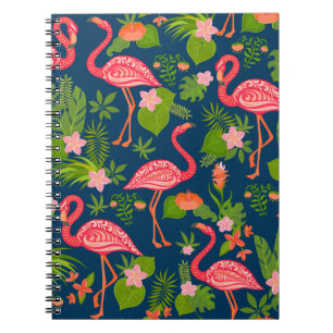Caderno Espiral Pink flamingo ornament on a striped turquoise back