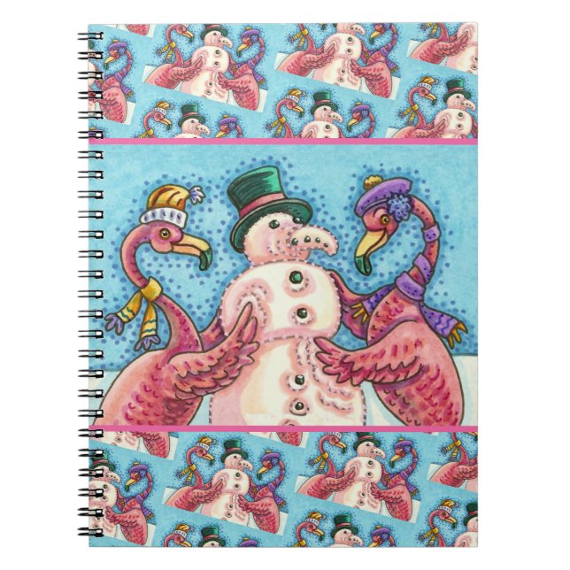 CADERNO ESPIRAL PINK FLAMINGOS FAZEM NEVE, AVES DE NATAL ENGRAÇADO (Frente)