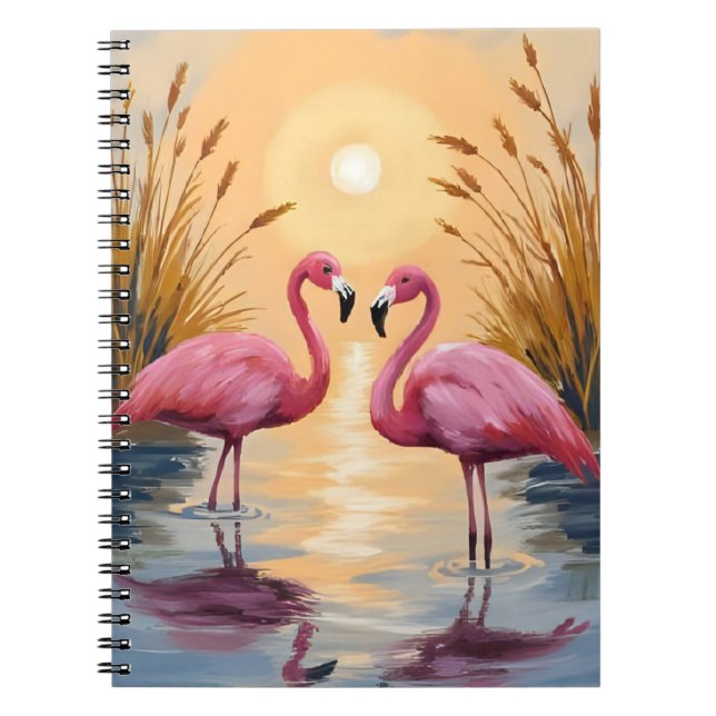 Caderno Espiral Pink Flamingos Sunset Animal Painting (Frente)