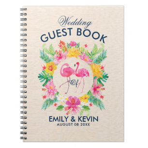 Caderno Espiral Pink Flamingos Tropical Wreath Weding Guestbook