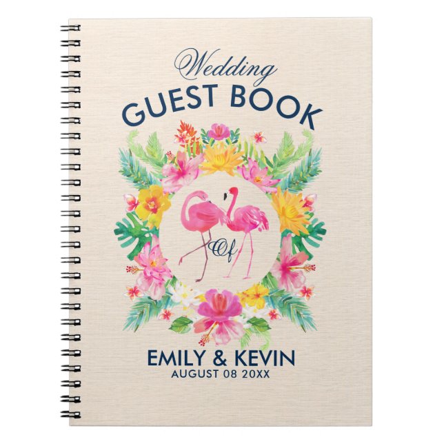 Caderno Espiral Pink Flamingos Tropical Wreath Weding Guestbook (Frente)