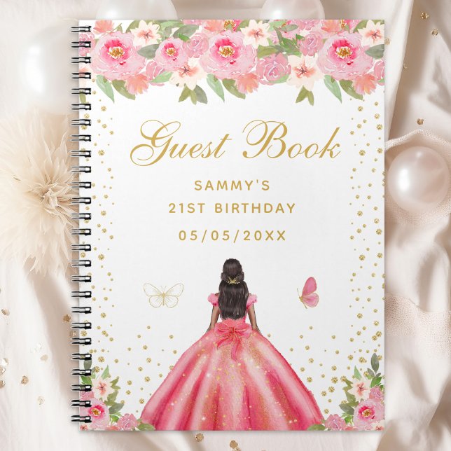 Caderno Espiral Pink Floral Dark Skin Princess Guest Book (Criador carregado)