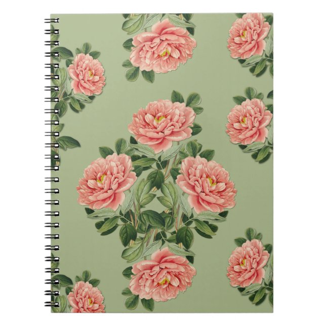 Caderno Espiral Pink Floral Pattern on Green Background | Seamless (Frente)