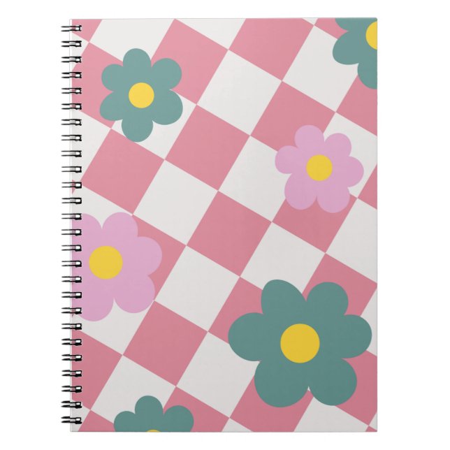 Caderno Espiral Pink Gingham Floral Pattern – Retro Cute Flower  (Frente)