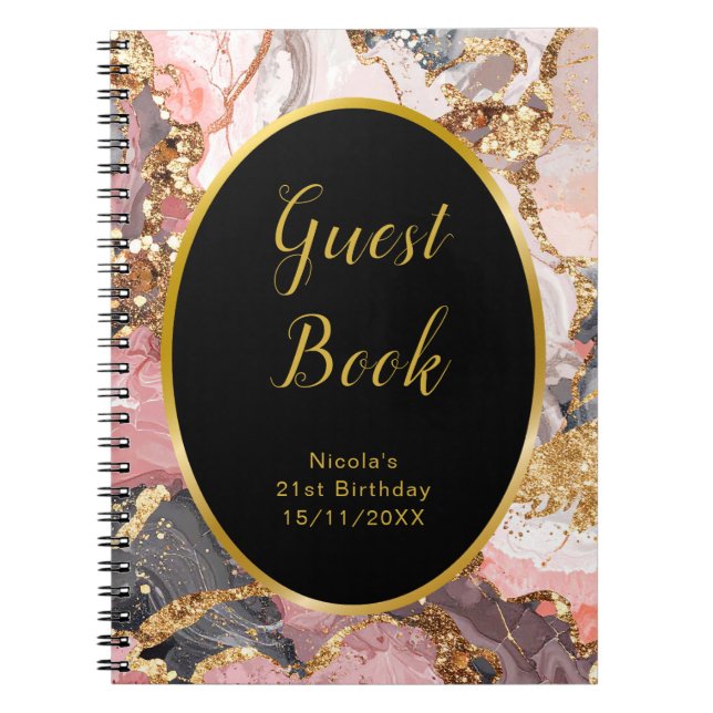 Caderno Espiral Pink, Gray and Gold Marble Birthday Guest Book (Frente)