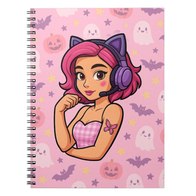 Caderno Espiral Pink Halloween Gamer Girl Notebook | Kawaii Ghosts (Frente)