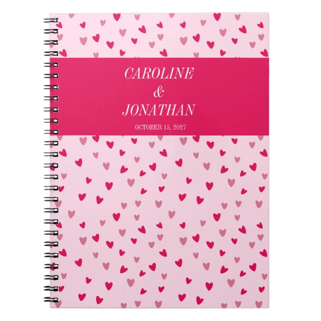 Caderno Espiral Pink Hearts Wedding Date Custom Cute Gift spiral (Frente)