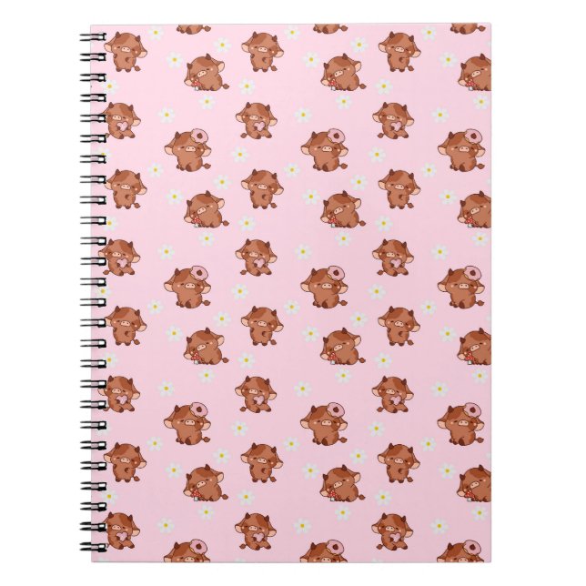 Caderno Espiral Pink Kawaii Highland Cows Seamless Pattern (Frente)
