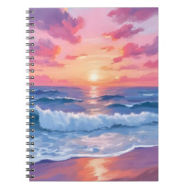 Caderno Espiral Pink Ocean Waves Sunset Watercolor