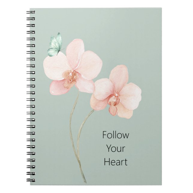 Caderno Espiral Pink Orchid Flowers Mint Green Butterfly (Frente)