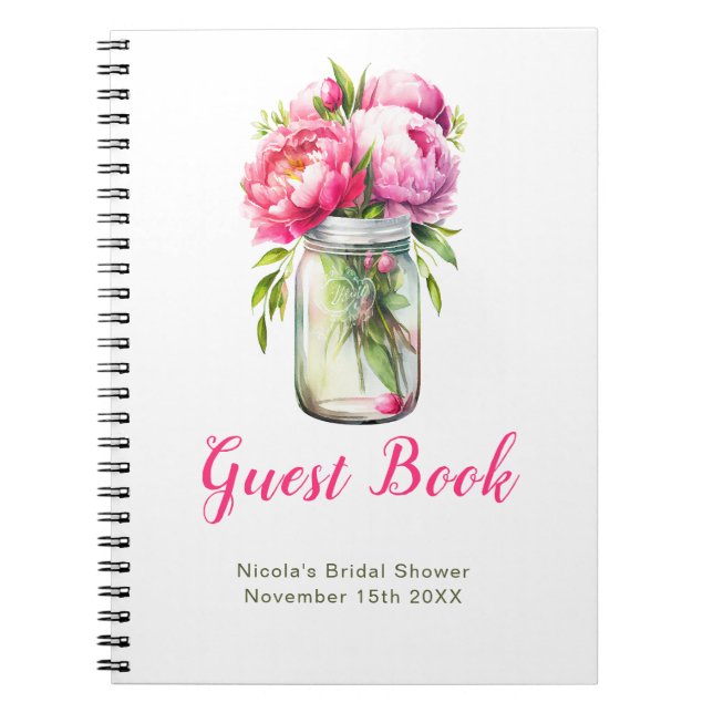Caderno Espiral Pink Peonies Mason Jar Bridal Shower Guest Book (Frente)