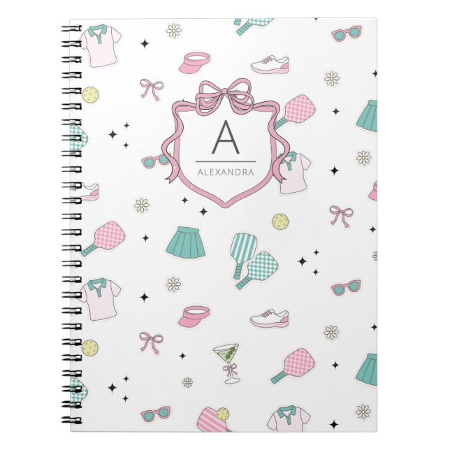 Caderno Espiral Pink Pickleball Preppy Monogram Print (Frente)