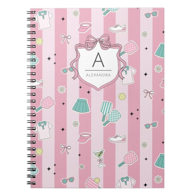 Caderno Espiral Pink Pickleball Preppy Monogram Print (Frente)