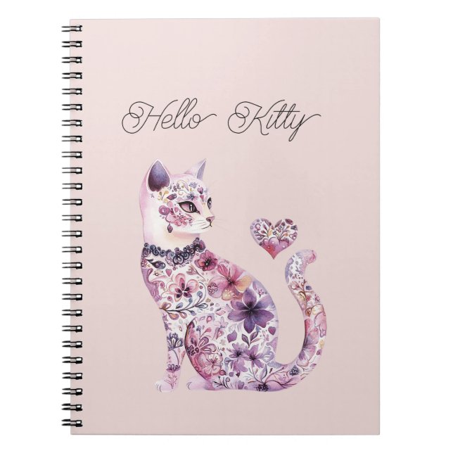 Caderno Espiral Pink Purple Blush Flowers Heart Love Cat  (Frente)