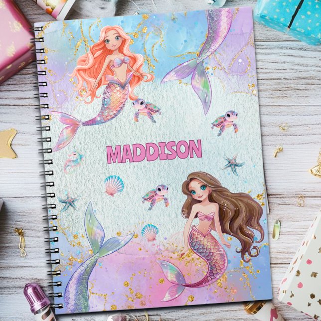 Caderno Espiral Pink Purple Glitter Mermaids Add Name (Criador carregado)