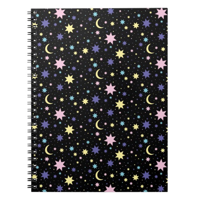 Caderno Espiral Pink Purple Stars Yellow Moon Cosmic Space. (Frente)