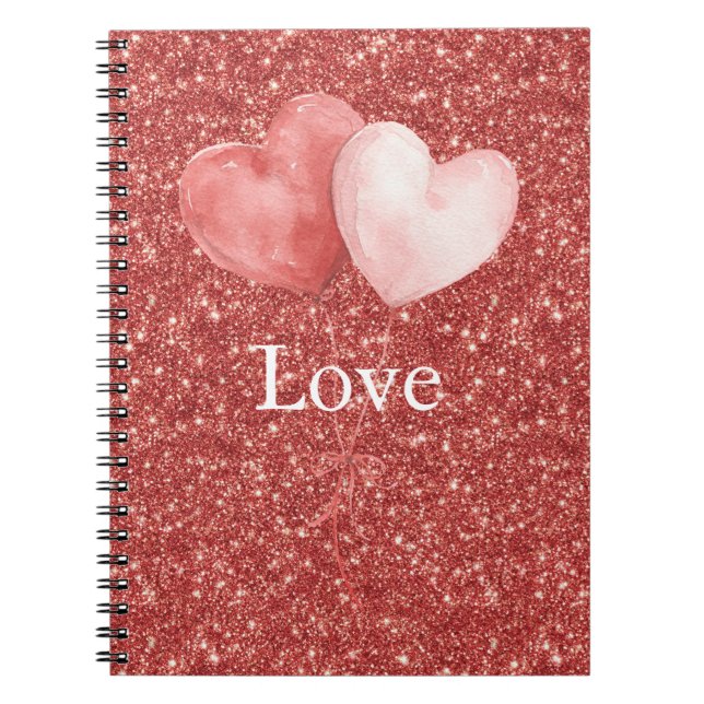 Caderno Espiral Pink Red Heart Balloons Glitter   (Frente)