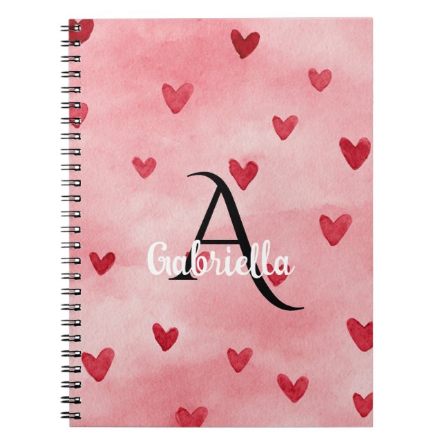Caderno Espiral Pink Red Hearts Monogram Name (Frente)