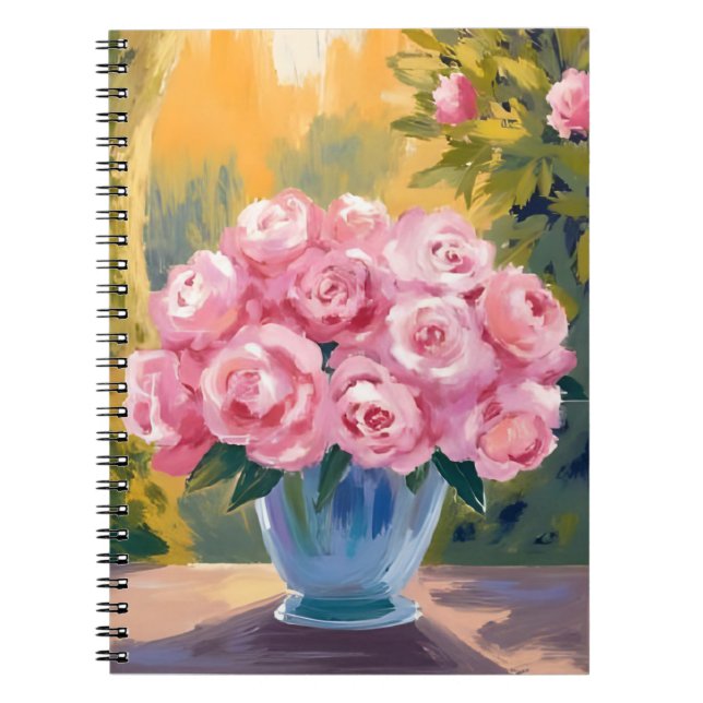 Caderno Espiral Pink Rose Bouquet | Watercolor Floral Vase (Frente)