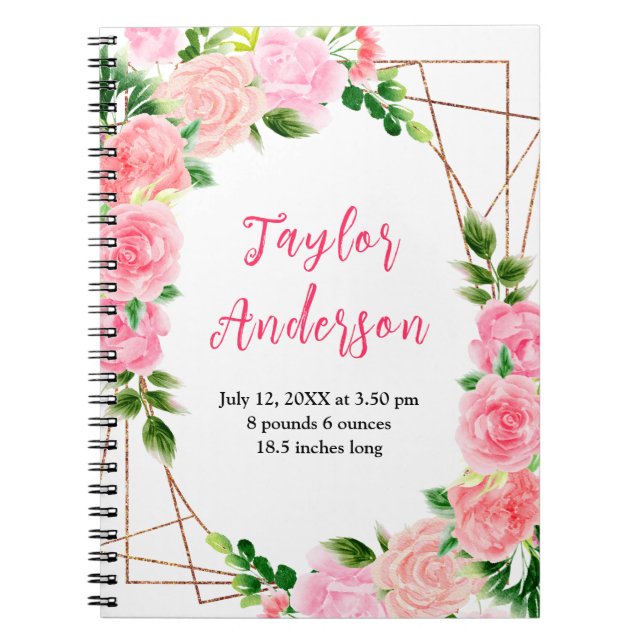 Caderno Espiral Pink Roses Floral Baby Birth Stats (Frente)