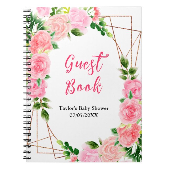 Caderno Espiral Pink Roses Floral Baby Shower Guest Book (Frente)