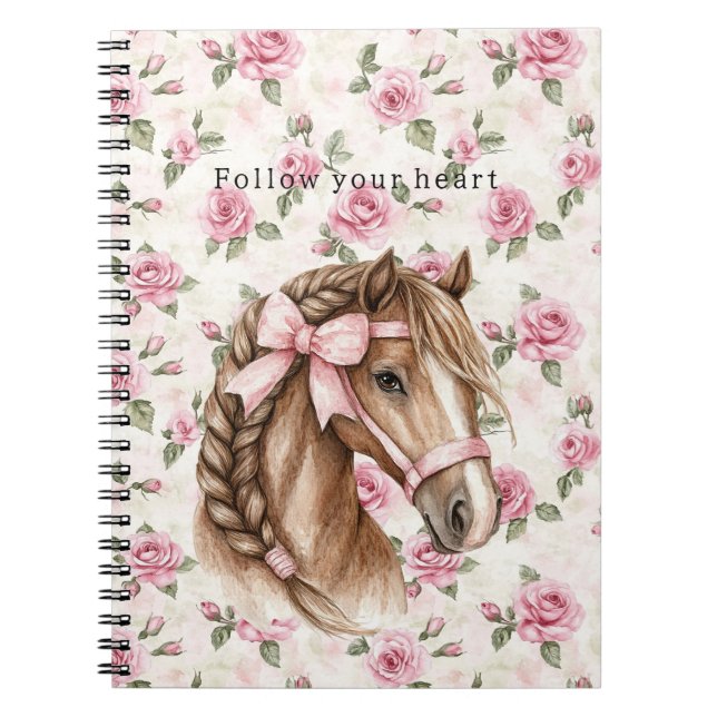 Caderno Espiral Pink Roses Floral Pretty Horse Pink Bow (Frente)