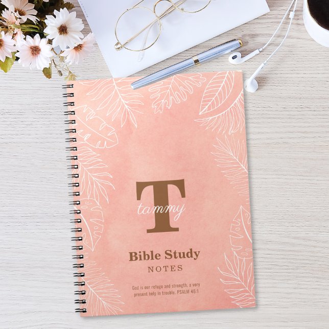 Caderno Espiral Pink Watercolor Leaves Monogram Bible Study (Criador carregado)