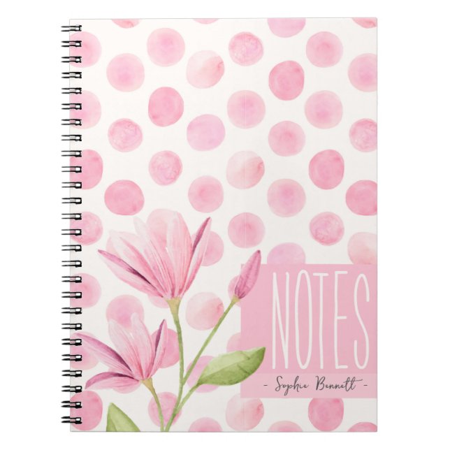 Caderno Espiral Pink Watercolor Polka Dots & Flowers (Frente)