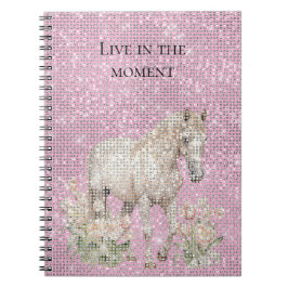 Caderno Espiral Pink White Horse Floral Sparkle