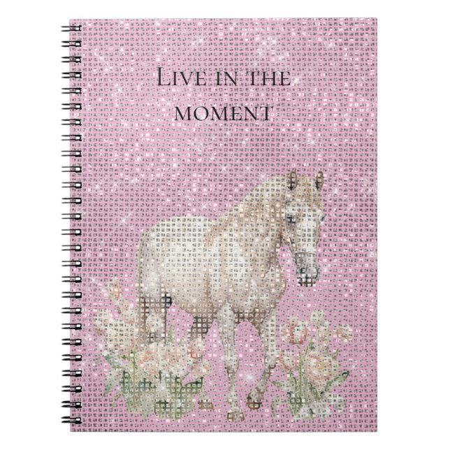 Caderno Espiral Pink White Horse Floral Sparkle  (Frente)