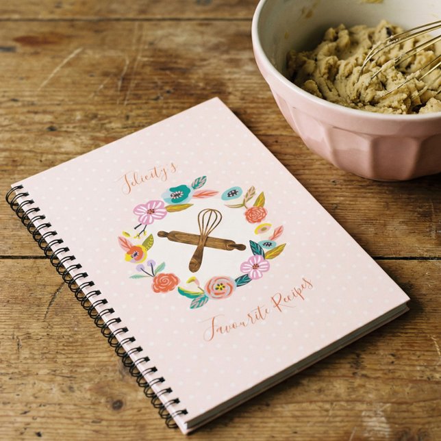 Caderno Espiral Pino de Rolagem Floral e Folhagem e Receita de Whi (Farmhouse Floral Rolling Pin & Whisk Recipe Notebook)