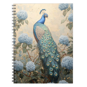 Caderno Espiral Pintura a Óleo de Pavão Elegante com Hortênsias Az