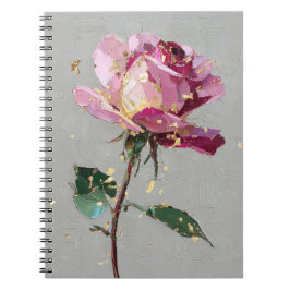 Caderno Espiral Pintura a Óleo de Rosa Rosa em Folha de Ouro Moder