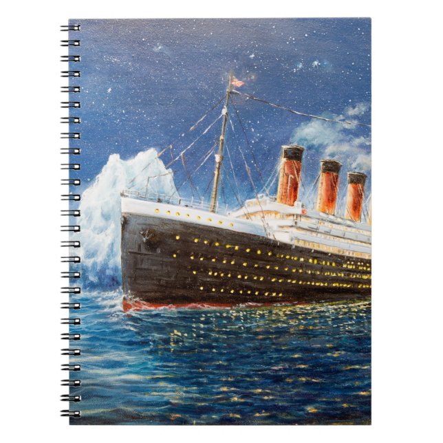 Caderno Espiral pintura a óleo de Titanic e iceberg no oceano em n (Frente)
