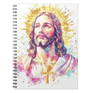 Caderno Espiral Pintura Aquarela do Rosto de Jesus Cristo Religios