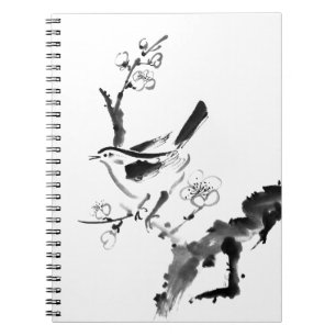Caderno Espiral Pintura chinesa, flor da ameixa e pássaro