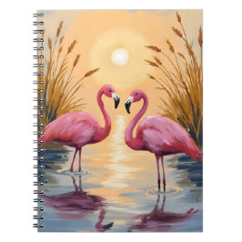 Caderno Espiral Pintura de Animais Pôr do Sol Flamingos Rosa