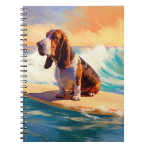 Caderno Espiral Pintura de Basset Hound Surfando na Praia