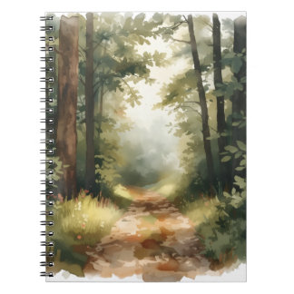 Caderno Espiral Pintura de caminho florestal ensolarado em aquarel
