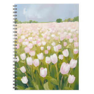 Caderno Espiral Pintura de Campo de Flores de Tulipas Brancas