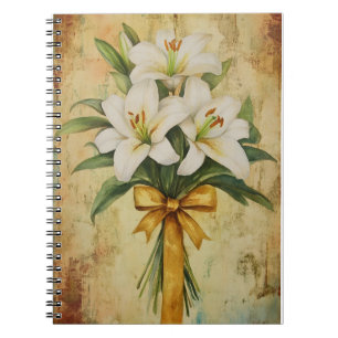 Caderno Espiral Pintura de um buquê de lírios brancos com um doura