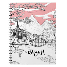 Caderno Espiral Pintura em Linha do Templo Japonês Lake Mountain