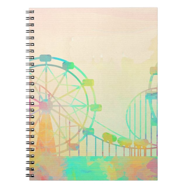 Caderno Espiral Pintura em Watercolor Arte Ferris Wheel Fairground (Frente)