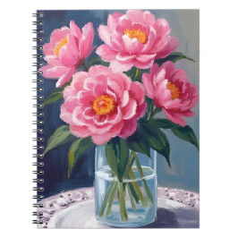 Caderno Espiral Pintura Floral de Peônia com Buquê Rosa