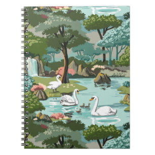 Caderno Espiral Pintura retro do estilo do lago swan pelo número
